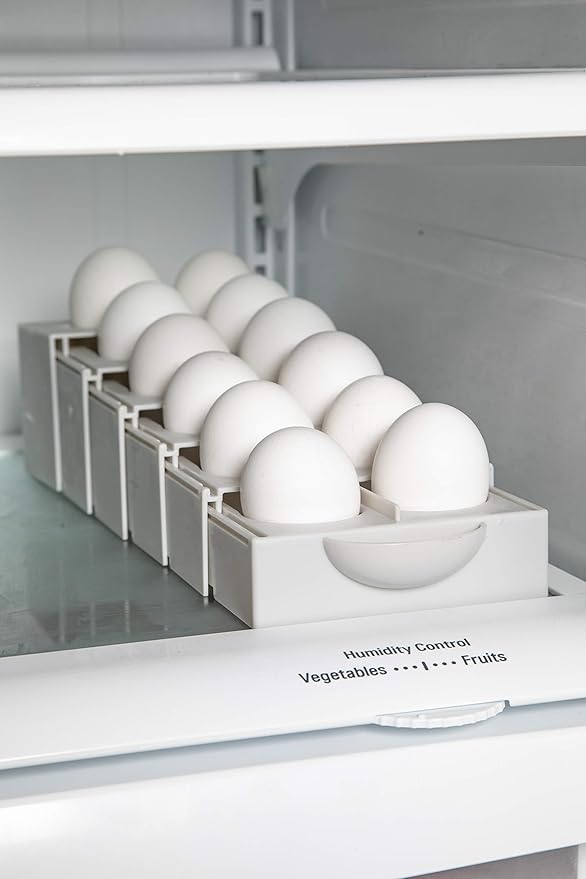 Eggstra Space Egg Organizer for Refrigerator, Adjustable Container, Collapsible & Expandable Tray Egg Holder for Fridge Organizer, Space Saving Fridge Storage Solution - White