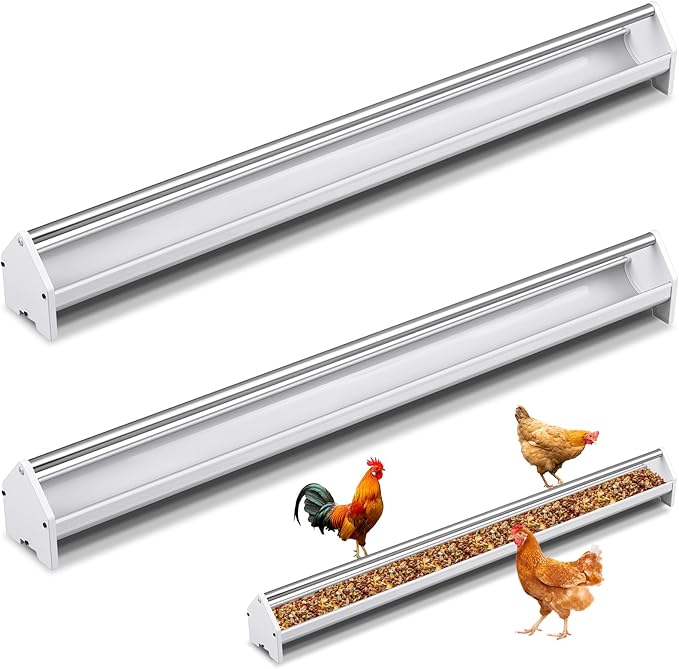 2 Sets 47 Inch Chicken Feeder Trough, Heavy Duty Plastic Stainless Steel Round Bottom Pigeon Feeder Trough Rotating Round Tub for a Variety of Poultry for Chickens, Ducks, Geese, Goats