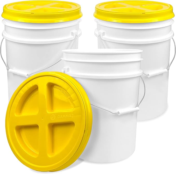 ePackageSupply 5 Gallon White Bucket with Yellow Gamma Seal Screw on Airtight Lid | Made in USA | Food Grade | Heavy-Duty HPDE Plastic | Durable 90 Mil Pail | Easy Stack and Store | BPA Free (3 Count)