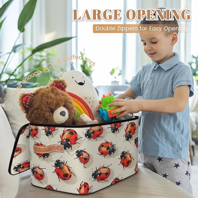 Storage Cubes with Lid Fabric Storage Bins Boxes PU Leather Handles, Cute Ladybird Closet Organizer Container Foldable Washable Shelf Cloth Basket, Red LabyBirds Ladybugs