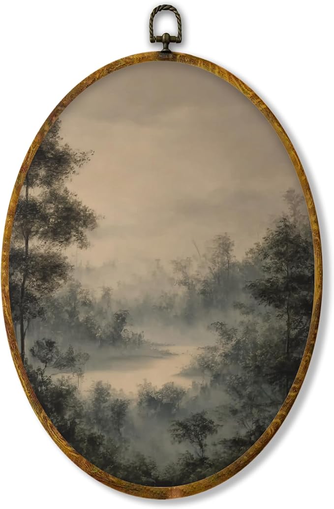 shiviody Vintage Landscape Canvas Wall Art Decor, Antique Rustic Farmhouse Neutral Country Lake Landscape Oval Hanging Frame Prints Decorations for Home Bedroom Living Room 8.6"x11.4"