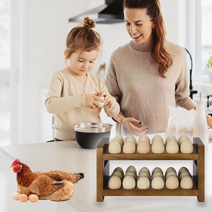 Egg Holder Countertop, 2-Tier Wooden Egg Holder for 36 Eggs, Wooden Countertop with Carry Handle for Chicken, Duck, and Quail Eggs