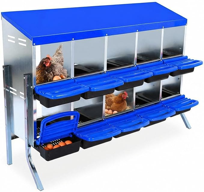Chicken Nesting Box, 10 Compartments Metal Roll Away Nest Box for Chicken Coop, Heavy-Duty Eggs Laying Boxes with Removable Lid for Easy Egg Collection, Easy Cleaning, Blue