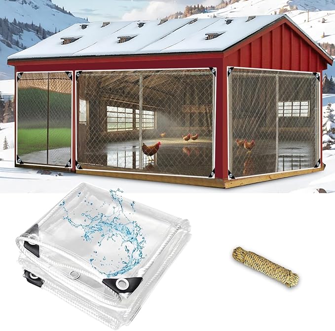 6.5 x 9.8 FT Thickened Chicken Coop Cover for Winter, Waterproof & Anti-Tear Chicken Coop Insulation with Rope, Chicken Run Sidewalls, Windproof Clear Chicken Coop Tarp for Chicken Run