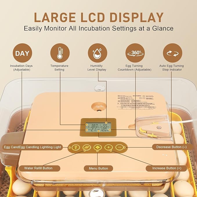 Automatic 56-Egg Incubator for Breeders, Sensor-Based Precise Humidity+Temp Control, Chick Separator, Adjustable Egg Spacing, Custom-Interval Auto Turn+Auto Stop,Preset Incubation Days