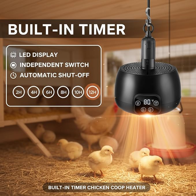 Enhon Chicken Coop Heater with LED Lighting, Adjustable Temperature, Timer & Safety Features – 5 Ft Long Cable Chicken Coop Heating Lamp Perfect for Small Animals and Reptiles(2 Pack)