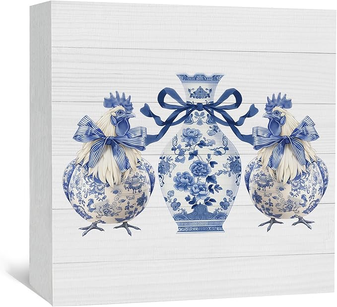 Blue And White Chinoiserie Chicken Wooden Signs,Grand Millenial Bow Blue Floral Chicken Home Decor Signs,Porcelain Chinoiserie Desk Decorations,Farmhouse Animal Office Kitchen Decor
