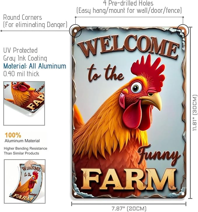 FunnySign Chicken Gifts Rooster Décor Welcome To The Funny Farm Rustic Tin Sign For Home Farm Chicken Coop Decor 8x12 Inch (9705)