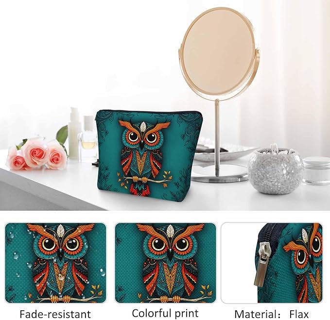 Owl Makeup Organizer Bag Cosmetic Bag For Men Women, Wild Owl Mandala Floral Blue Travel Toiletry Bag Flax Makeup Bags Purse Business Makeup Pouch For Toiletries Cosmetics