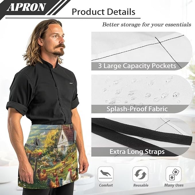 Waistress Apron with Pockets Coffee Waiter Apron Long String Chef Half Aprons for Cooking Kitchen Hairdresser