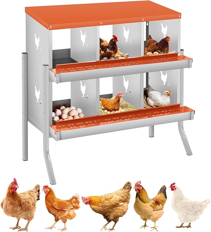 6-Hole Chicken Nesting Box, Rustproof Galvanized Steel, Wall-Mounted Metal Laying Box for Hens, Easy Egg Collection & Cleaning, Roll Away Nest Boxes - Orange