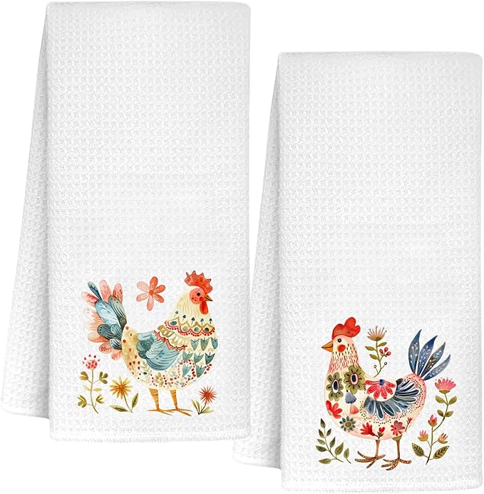 InnoBeta Chicken Gifts, Kitchen Towel 2 Pack with Funny Chicken Design, 16x24 in Microfiber Dish Tea Towel, Hand Towel, Chicken Farmhouse Decor Stuff Gifts for Chicken Lovers - White
