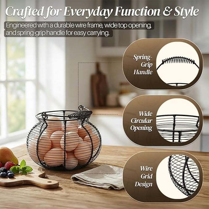 Flexzion Egg Basket for Gathering Fresh Eggs - Round Wire Countertop Egg Holder with Spring Handles, Farmhouse Chicken Eggs Collecting Basket Storage for Countertop, Kitchen Organizer and Farm (Black)