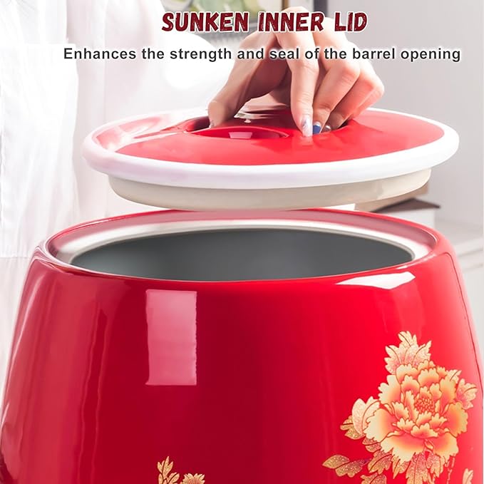 Ceramic Rice Storage Container, Large Ceramic Jar for Rice, Ceramic Rice Bucket with Lid Dispenser, Airtight Grain Storage Bin, Porcelain Kitchen Storage Box, Sealed Storage for Flour, Tea, Nuts(Red A