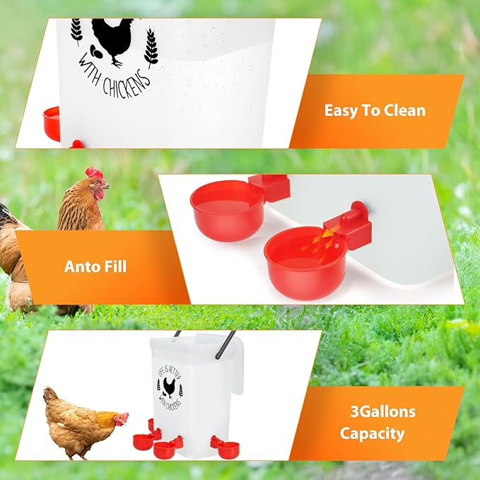Tgeyd Chicken Feeder and Waterer Set (3 Gal/15 Lb) Hanging Automatic Poultry Feeder, No-Waste, Chicken Accessories for Chicken Coop and Run