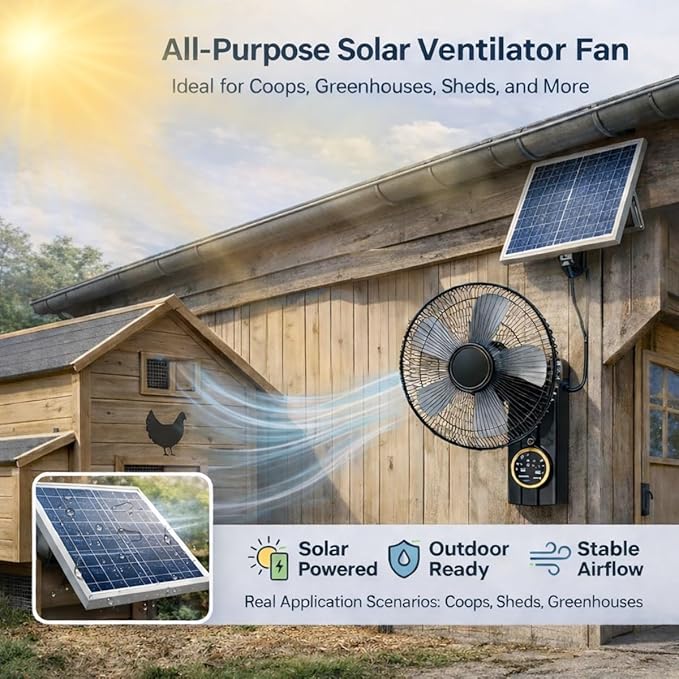 Rechargeable Outdoor Solar with Remote Control, 16" Wall Mounted Fans Oscillating Indoor with Remote Control, Solar Exhaust Fan for Chicken Coop, 3 Speeds, Timer, Adjustable Tilt