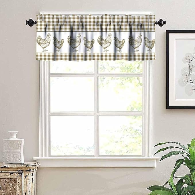 Farm Rooster Valance Curtains Rustic Retro Buffalo Plaid Farmhouse Animals Rod Pocket Curtain Valance for Kitchen Bedroom Living Room Decor 1 Panel W54xL18 Inch