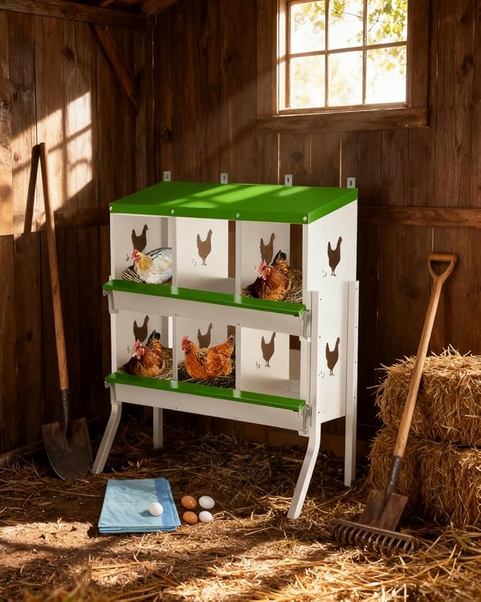 Garvee 6 Compartment Chicken Nesting Box with Legs, 2 Layer Wall Mount/Free Standing Poultry Nest for Chickens, Hens, Ducks, Metal Chicken Laying Boxes with Perch, Secure Lid, Vented Holes, Green