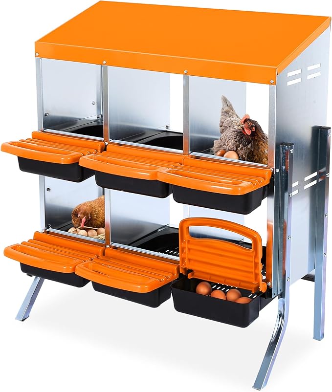 Chicken Nesting Boxes, Roll Away Nesting Box 6 Hole Metal Chicken Egg with Leg for Chicken Coop, Swing Perch and Rollout Egg Collection, Orange
