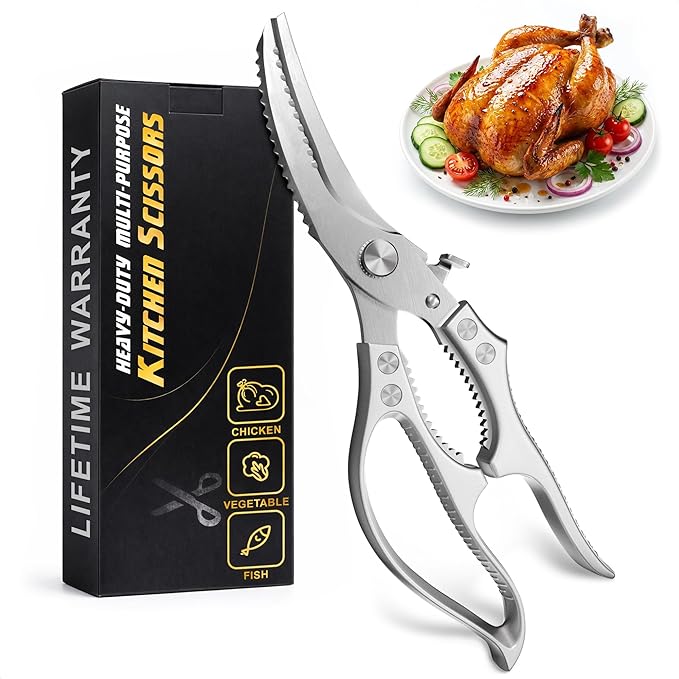 Stainless Steel Poultry Shears – Heavy Duty Kitchen Shears for Food with Hardened Blades, One-Hand Safety Lock, Spring Mechanism, Dishwasher Safe – Chicken, Meat Cutting, Turkey, Fish, and Vegetables