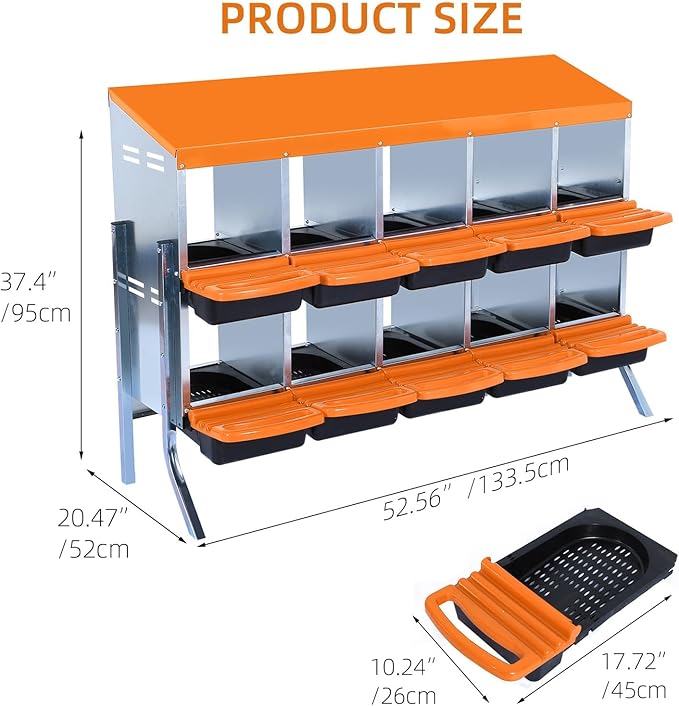 GarveeHome 2-Tier Chicken Nesting Box, 10 Compartment Metal Chicken Laying Boxes with Waterproof Roof ＆ Removable Trays for Hens, Poultry，Easy Egg Collection