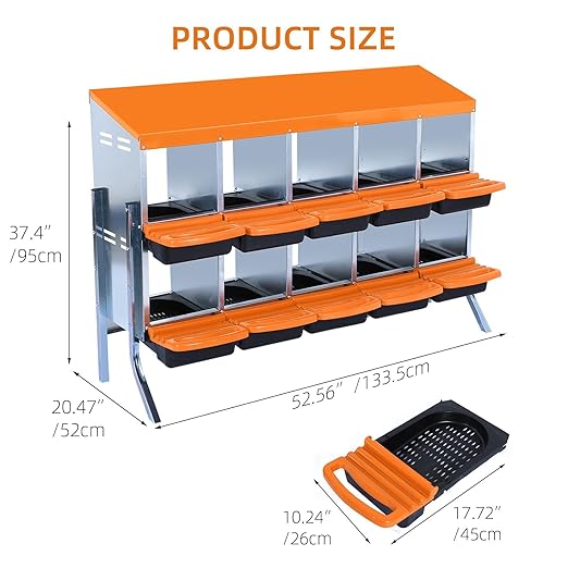 Chicken Nesting Boxes, 10 Hole Metal Chicken Laying Box with with Removable Trays and Roll Out Egg Collection for Chicken Coop, with Metal Bracket, Orange