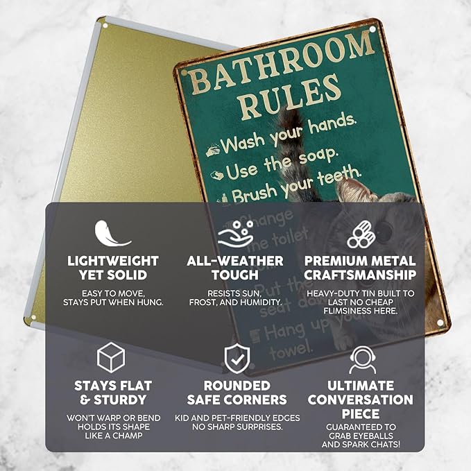 Vintage Cat Tin Sign Bathroom Rules Retro Tabby Metal Sign Funny Cat Lovers Nostalgic Wall Decor Decorations for Home Cafe Shop Toilet Bar Living Room Bedroom 12 * 8In