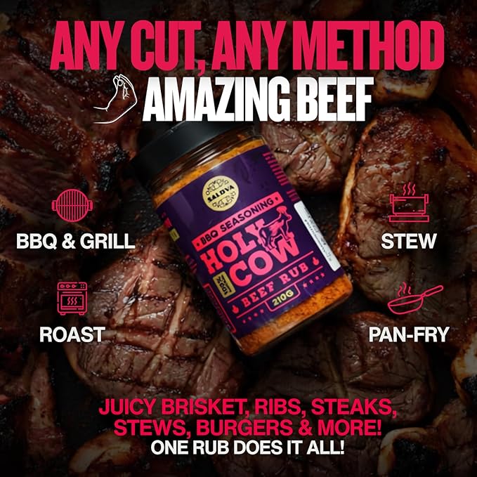 Holy Cow BBQ Beef Rub - 100% Natural Seasoning - Packs Amazing Flavour Into Any Cut Of Beef For Wonderful BBQ And Grill Dishes - Perfectly Balanced Blend Of Spices - Large Jar (210g)