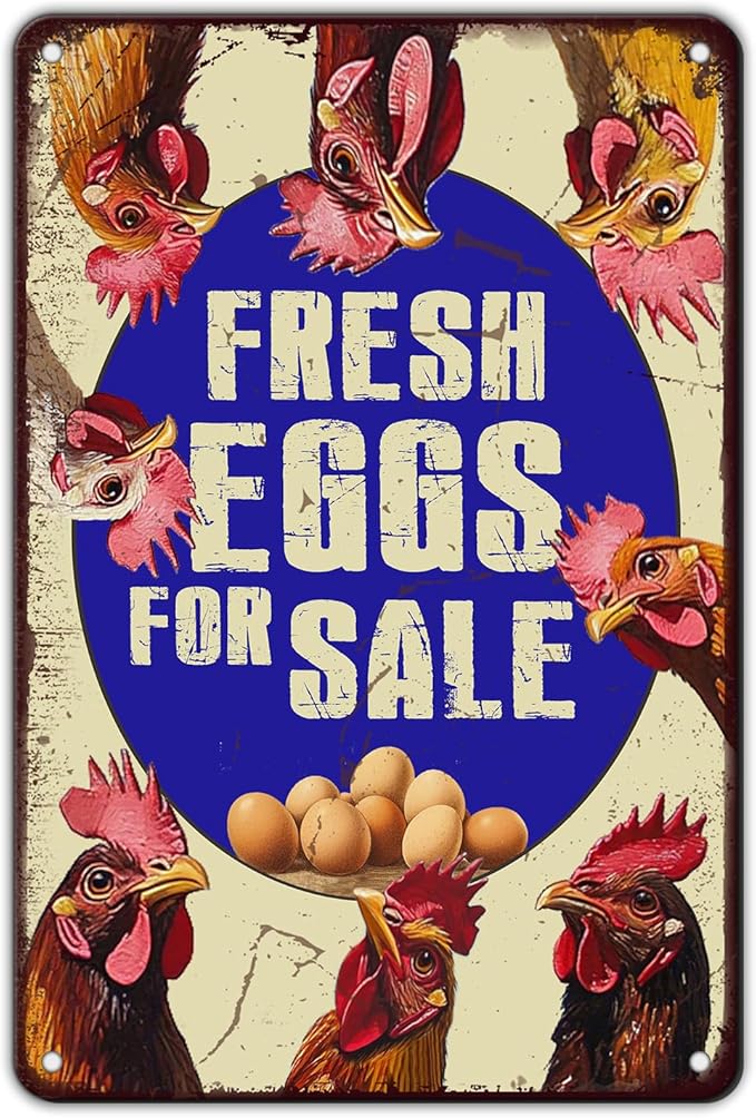 Vintage Fresh Eggs & Chicken Metal Sign Rustic Farm Eggs For Sale Tin Poster Home Kitchen Farmhouse Chicken Wall Decor 12x8 Inch