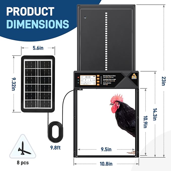 Large Solar Automatic Chicken Coop Door with Timer & Light Sensor, Aluminum Poultry Door with LCD Display, Remote Control & Manual Mode, Predator-Proof Auto Open Close Door for Chickens Ducks Hens