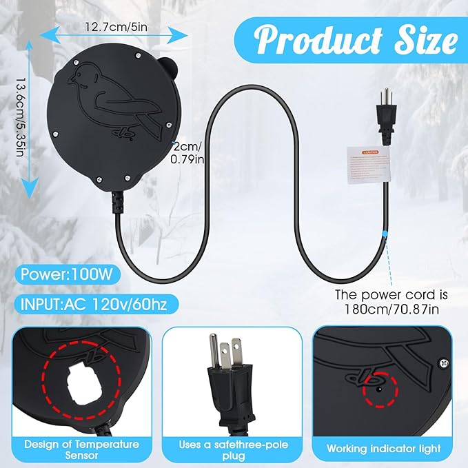 Bird Bath Heater, Upgraded 100W De-Icer Submersible Bird Bath Heaters for Outdoors in Winter, Chicken Water Heater for Winter, Thermostatic Control w/LED Indicator, 5.9 Ft Cord (Black-1Pack)