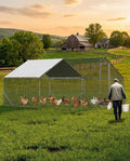 Heavy Duty Large Metal Chicken Coop for Hens –Walk-in Poultry Cage with Waterproof UV-Resistant Cover ＆ Reinforcing Ribs, Ventilated Peaked Roof Outdoor Hen House for Backyard, 9.8'Wx13.1'Lx6.5'H