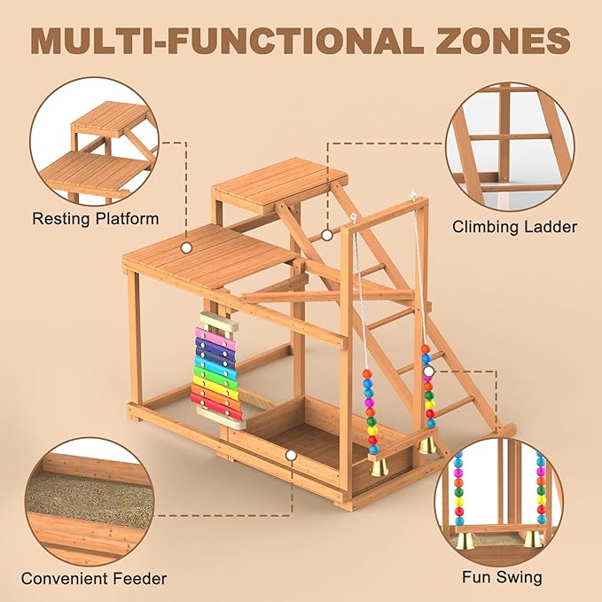 Chicken Perch with Swing, Chicken Roosting Bars, Wood Toy for 3-4 Birds, Hen Ladder & Activity Play, Chickens for Coop with Multiple Perches & Feeder, Suitable for Backyard Farm