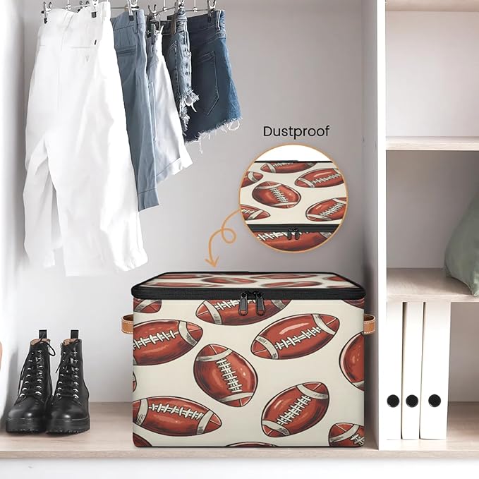 Storage Cubes with Lid Fabric Storage Bins Boxes PU Leather Handles, Rugby Football Closet Organizer Container Foldable Washable Shelf Cloth Basket, Rugby Balls Sport