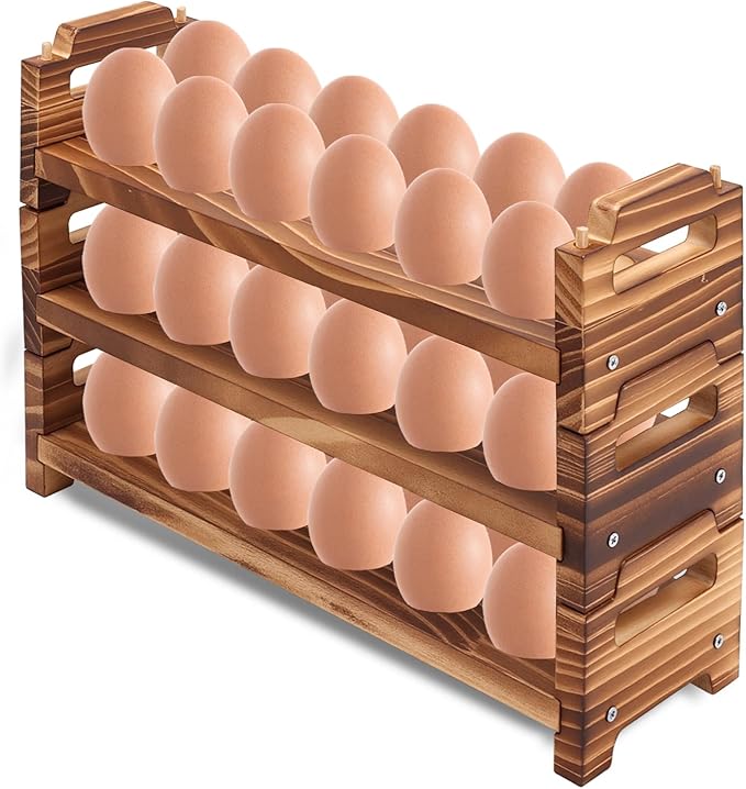 Wooden Egg Holder Countertop, 3 Layer Stackable Fresh Egg Display Storage Rack Organizer Farmhouse Egg Storage Basket with Handles Fits Duck, Turkey, Chicken Eggs