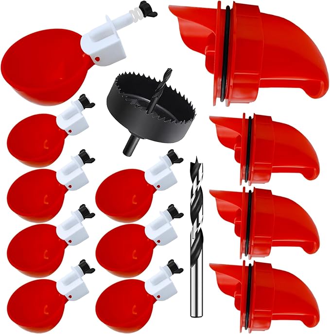 Automatic Chicken Feeder and Waterer Set, 8 Pack Chicken Waterer Cups and 4 Pack Chicken Feeders, DIY Large Chicken Water Feeder, Suitable for Various Poultry, with Mounting Hole Opener
