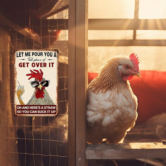 Get Over It Oh Metal Sign - Humorous Chicken Coop Decor - 8x12 Inch