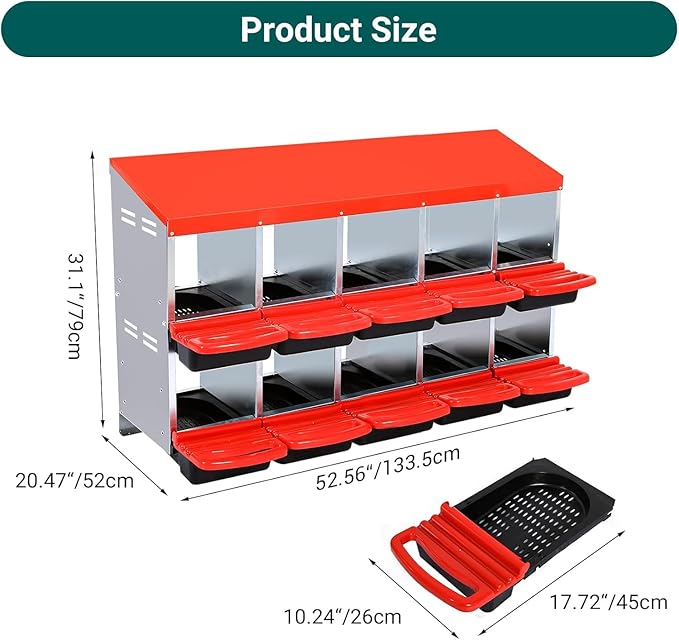 Chicken Nesting Box, 10 Compartments Roll Away Eggs Laying Boxes, Cleanable Pull Out Hen Roosting Boxes, Durable & Easy to Install, Red