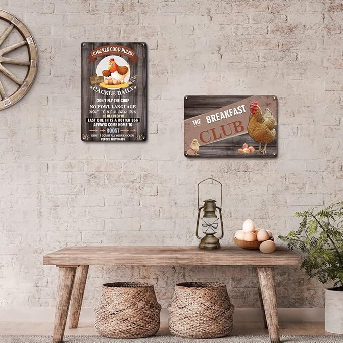 YOYI ART 2pcs Metal Chicken Signs for Coop Funny Outdoor - Vintage Tin Sign for Chicken Coop, Outdoor, kitchen, Farmhouse Wall Decor Art Accessories, Chicken Gifts for Women, 8 x 12 inch