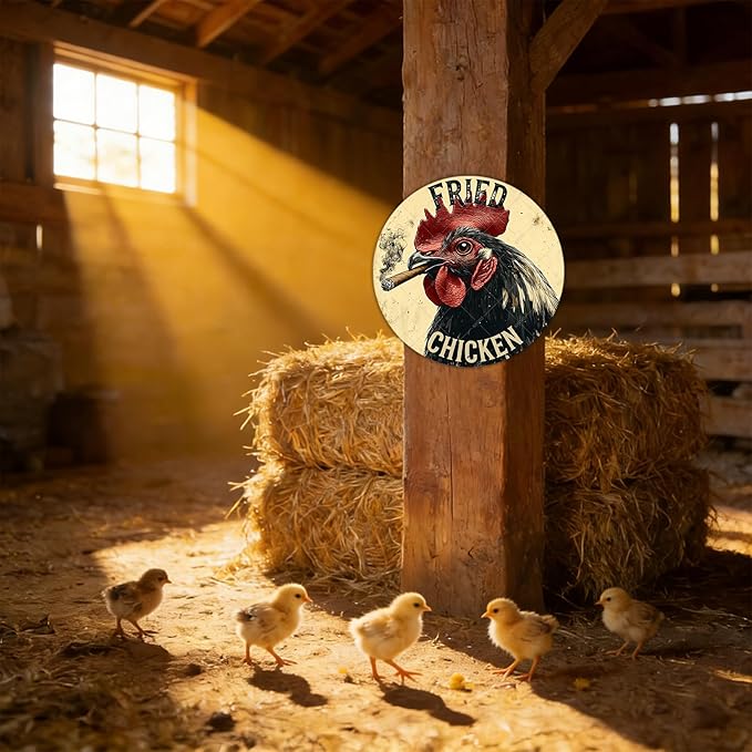 Farm Chicken Cock Hen Round Metal Tin Sign Rooster Fried Chicken Poster Home Decor Garage Bar Restaurant Kitchen Cafe Bar Pub Wall Art Decor 12 Inch