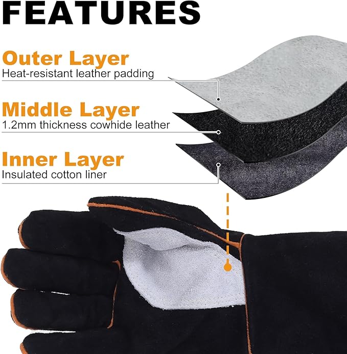 TOPDC Fireplace Gloves 14 Inches Welding Gloves Fire/Heat Resistant Leather Durable & Flexible for Wood Stove Fire Pit Campfire Grill BBQ Oven Mig/Stick Welding Furnace Handling - Christmas Gift, L
