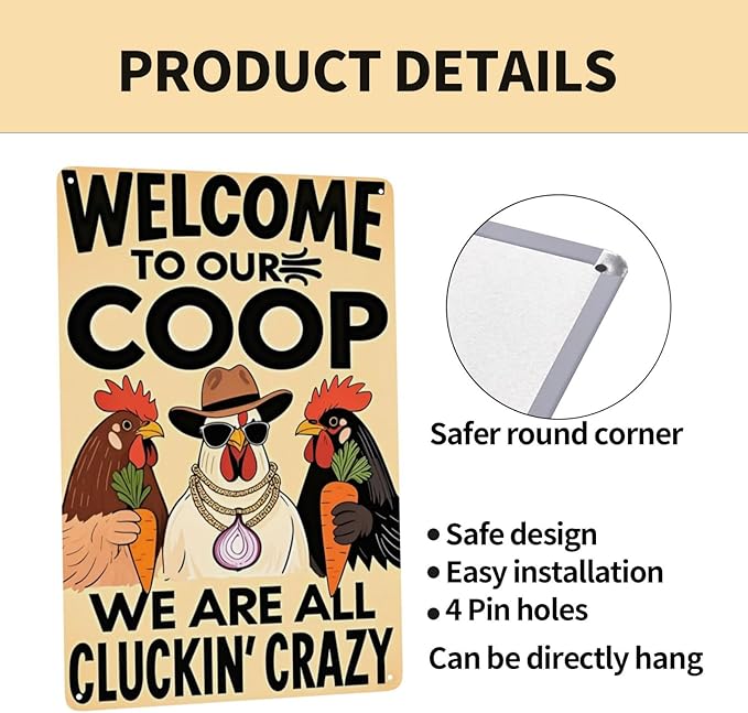 Funny Chicken Coop Sign "Welcome to Our Coop" Metal Chicken Signs for Coop Funny Outdoor Farmhouse Kitchen Garden Decor 8 X 12 Inch Chicken Gifts