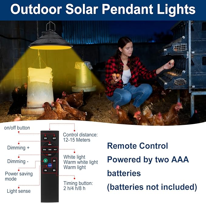 Solar Chicken Coop Shed Light with Time, Rechargeable Solar Hanging Ceiling Pendant Light Waterproof 13.1ft Cord, for Barn Greenhouse Gazebo Patio Poultry Pen Pet House(Black,10w)