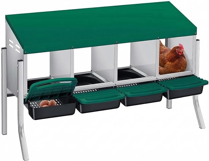 Chicken Nesting Boxes with Rollout Egg Collection – 4-Compartment Metal Hen Nest Box with Removable Trays, Slanted Roof & Ventilation, Wall Mount or Standing for Backyard Poultry Coop, Green