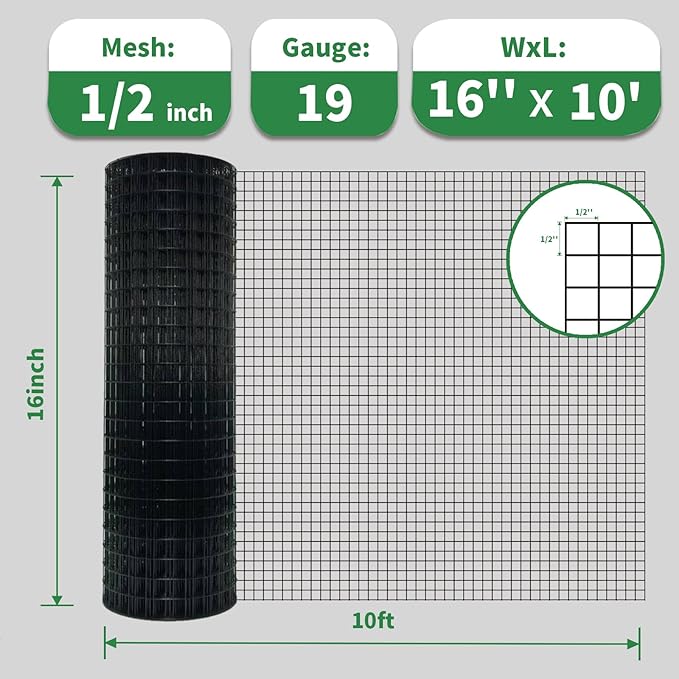 Black Hardware Cloth 16" x 10' 1/2 Inch 19 Gauge, PVC Coated Galvanized Steel Wire Mesh Roll, Welded Metal Fencing for Chicken Coop, Garden Fence, Poultry, Rabbit, Snake Barrier, and Home Improvement