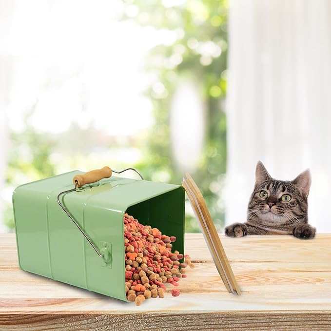 Morezi Cat Food Storage Container Storage bin with Wooden lid Scoop Included Green Metal cat Food Container in Kitchen countertop