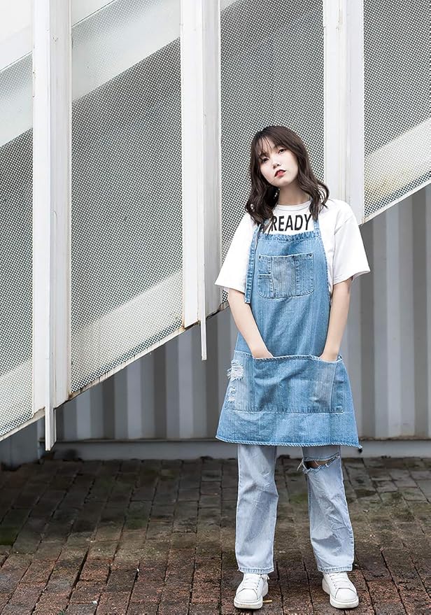 Cotton Denim Apron Soft - Unisex Adjustable Bib Apron with 5-Pockets Perfect for Kitchens