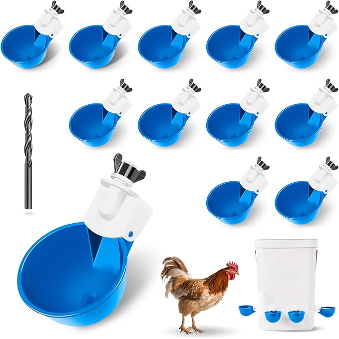 Chicken Water Cups 12 Pack, Automatic Filling Waterer Feeder Bowl, Gravity Poultry Watering System, Chicken Water Dispenser, Chicken Coop Accessories for Hens, Duck, Goose, Turkey (Blue)