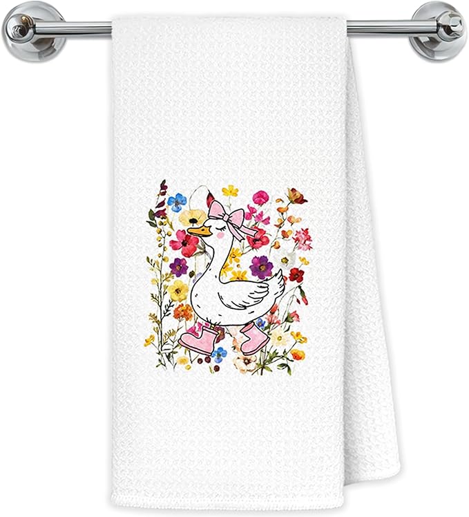Floral Goose Kitchen Towels, Coquette Bow Silly Goose Hand Towels for Bathroom Kitchen, Funny Farm Animal Geese Decorative Dish Towels Drying Cloth, 16x24 Inch