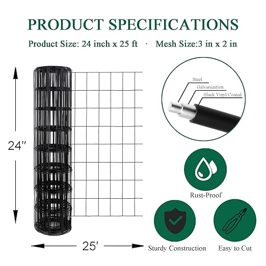 Black PVC Coated Welded Wire Fence 24 Inch x 25 Foot, 2 Inch x 3 Inch 16GA, Garden Border Fencing Roll Vinyl Coating Metal Wire Mesh for Yard Vegetable Plant Protection Poultry Netting